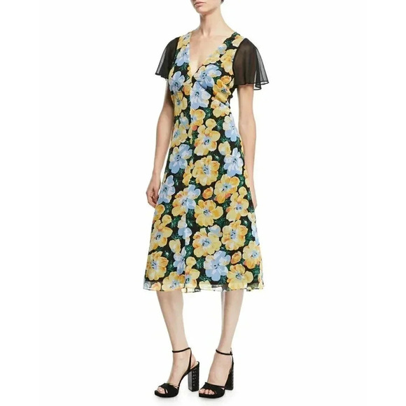 Club Monaco Size 4 Black Yellow Coran Floral Flutter-Sleeve Midi Dress NEW! - Picture 2 of 11